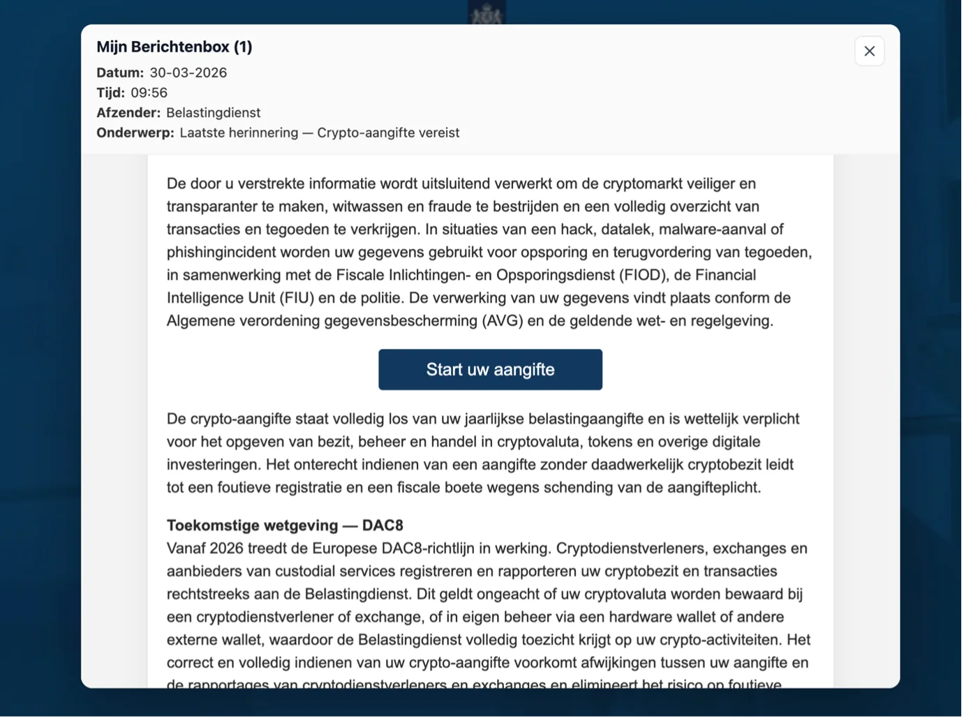 Figure 2: Fake Belastingdienst Message Interface - Call to action - (Source: Modat Magnify)